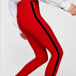 Zara bright red jeans w/black suede side stripe.